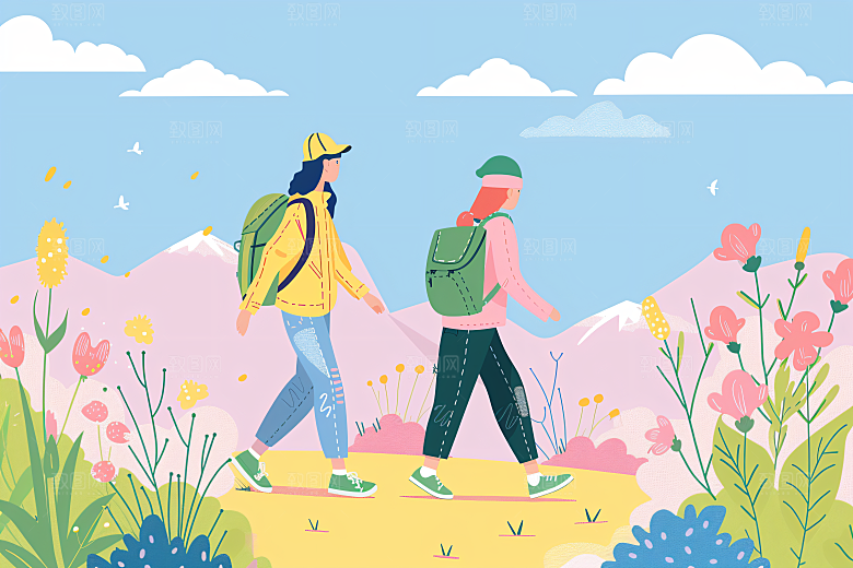 扁平风旅游露营清新插画