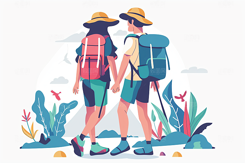 扁平风旅游氛围感自由行插画