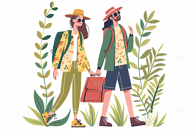 扁平风旅游露营自由行插画