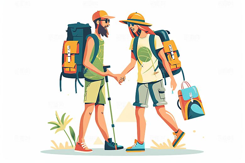 扁平风旅游徒步旅行插画