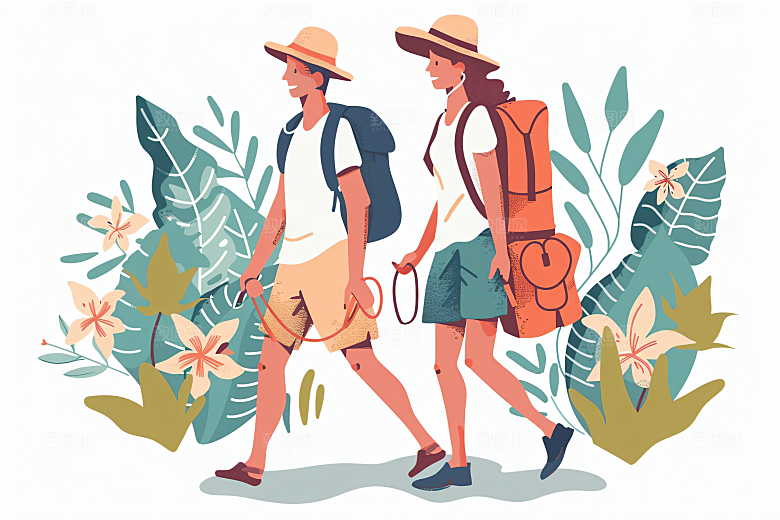 扁平风旅游徒步手绘插画