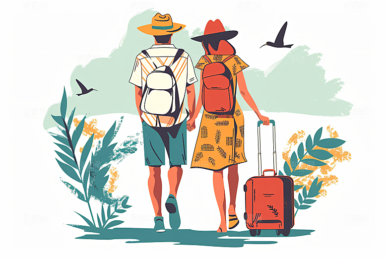 扁平风旅游自由行氛围感插画