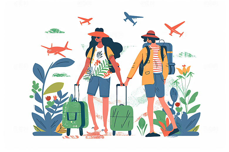 扁平风旅游徒步自然插画