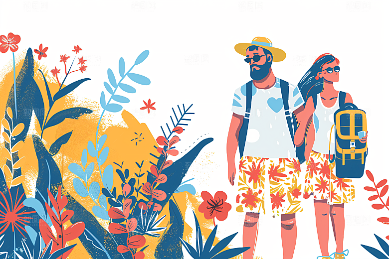 扁平风旅游踏青露营插画