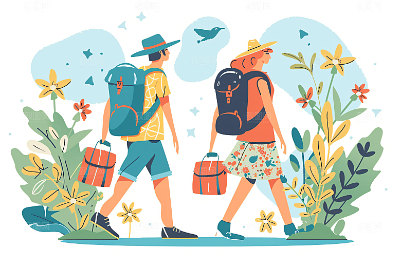 扁平风旅游露营手绘插画