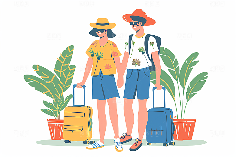 扁平风旅游清新彩色插画