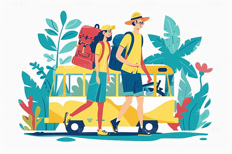 扁平风旅游踏青高清插画