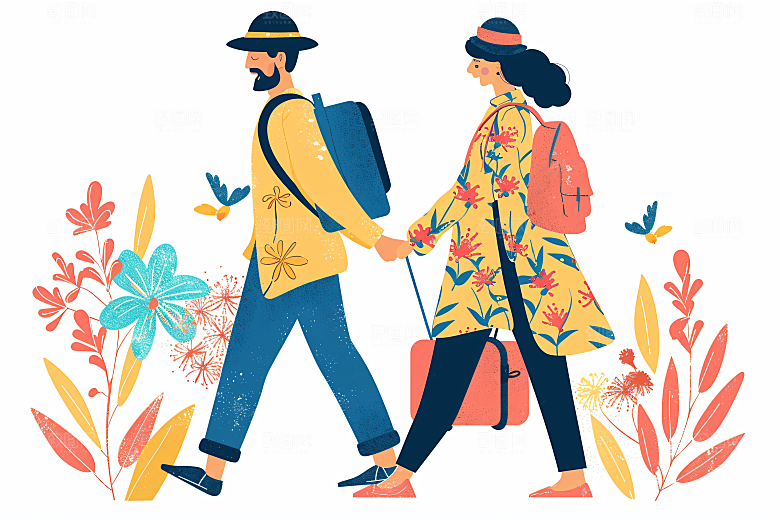 扁平风旅游手绘自由行插画
