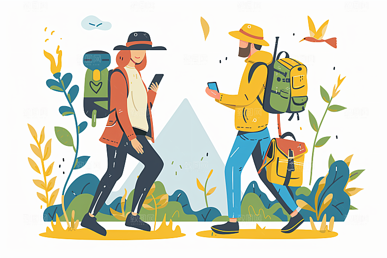 扁平风旅游徒步氛围感插画