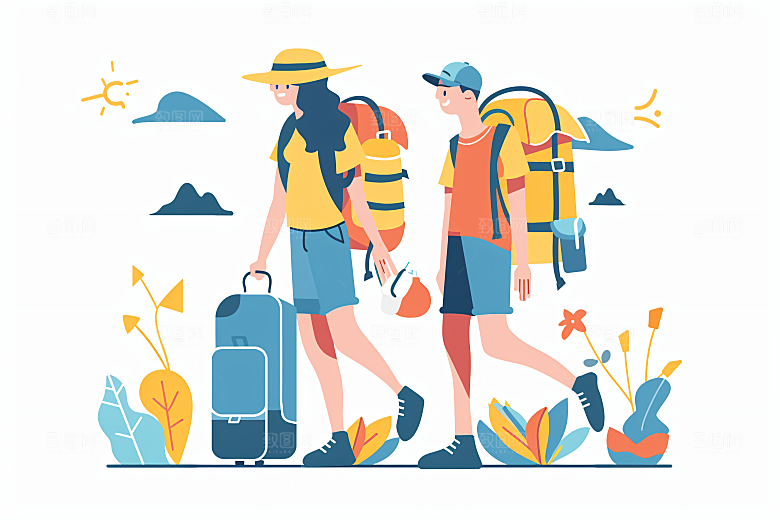 扁平风旅游露营徒步插画