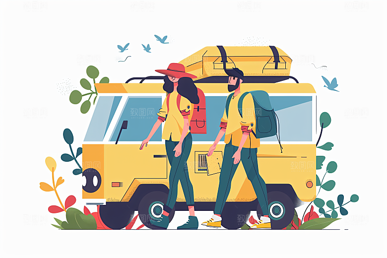 扁平风旅游踏青旅行插画