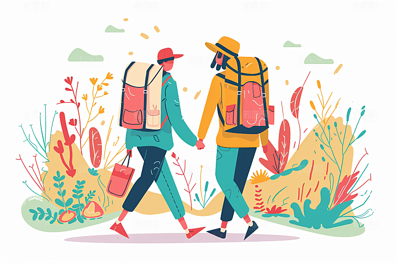 扁平风旅游自由行踏青插画