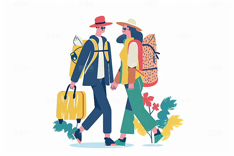 扁平风旅游清新彩色插画