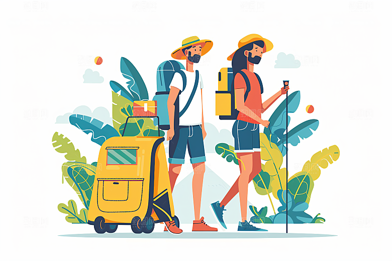 扁平风旅游徒步氛围感插画