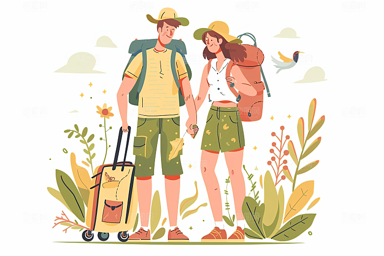 扁平风旅游露营彩色插画