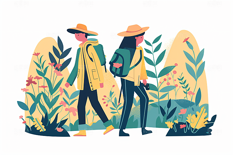 扁平风旅游简约徒步插画