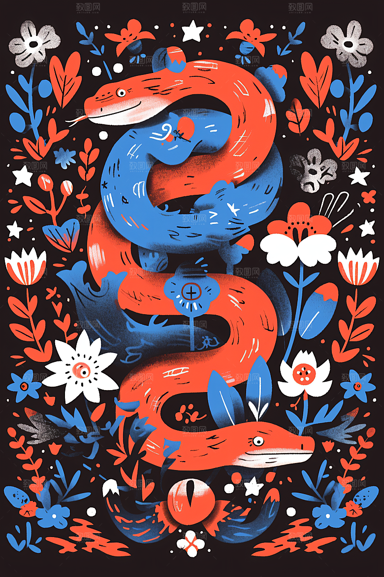 扁平风蛇年手绘艺术插画