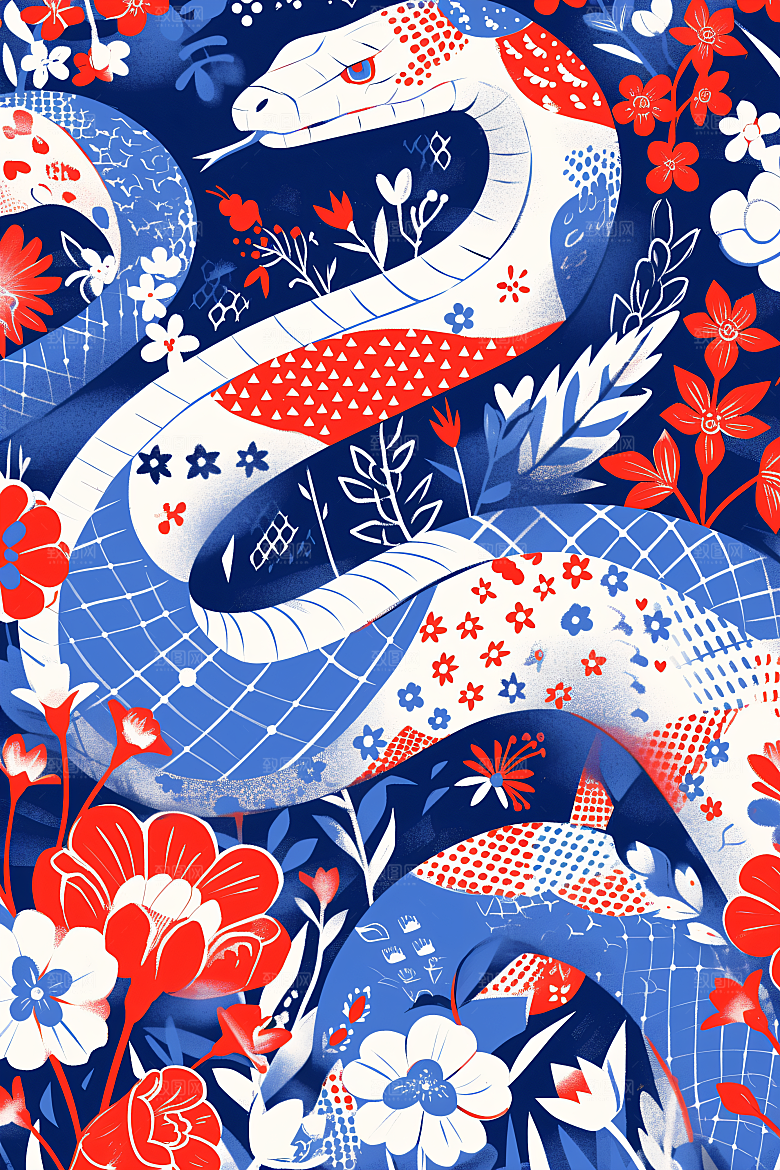 扁平风蛇年手绘涂鸦插画