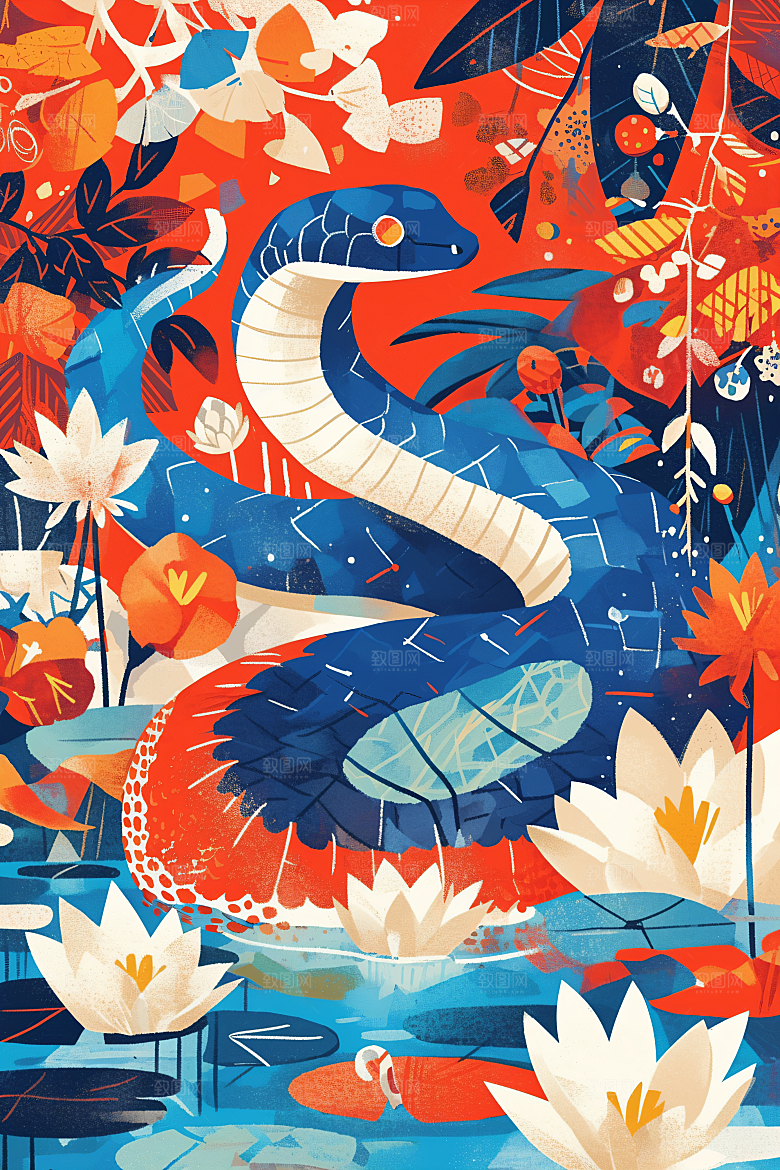 扁平风蛇年平面色块插画