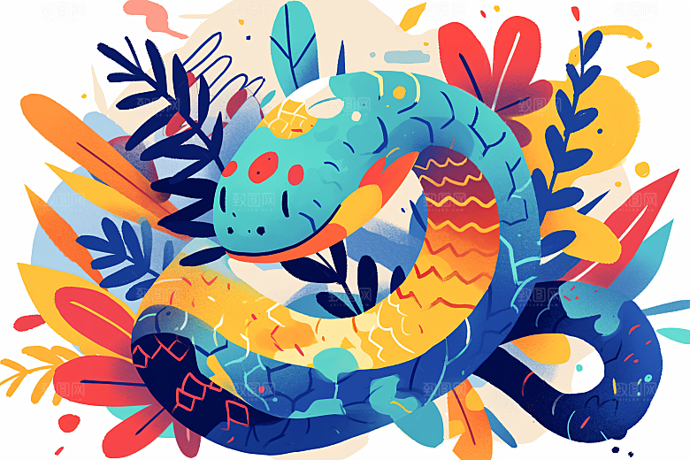 扁平风蛇年自然色块插画
