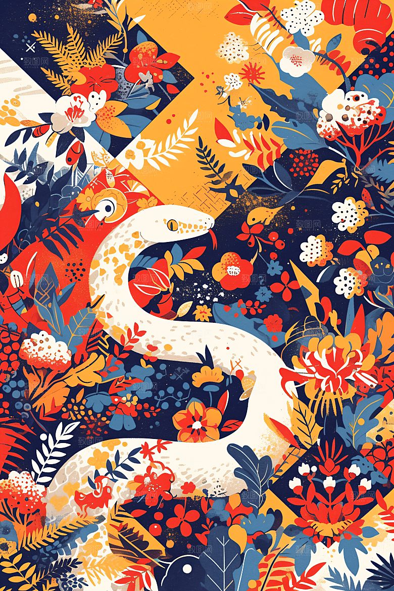扁平风蛇年几何手绘插画