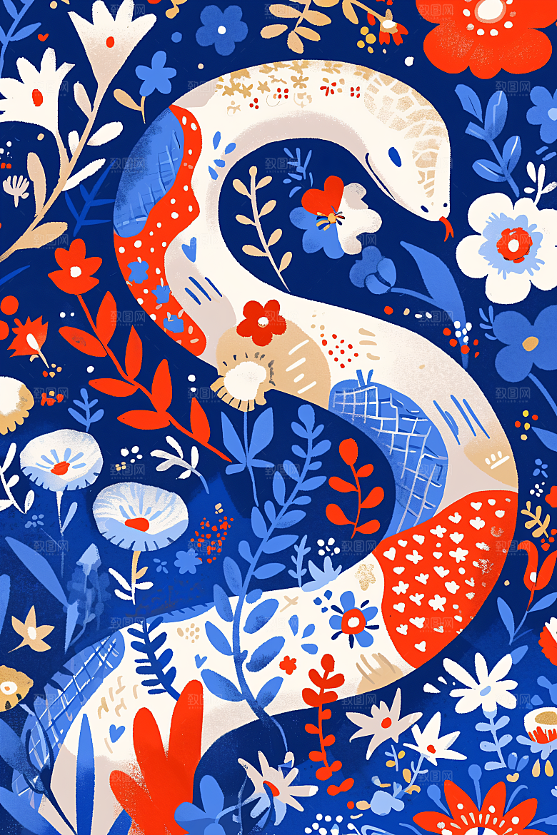 扁平风蛇年平面手绘插画