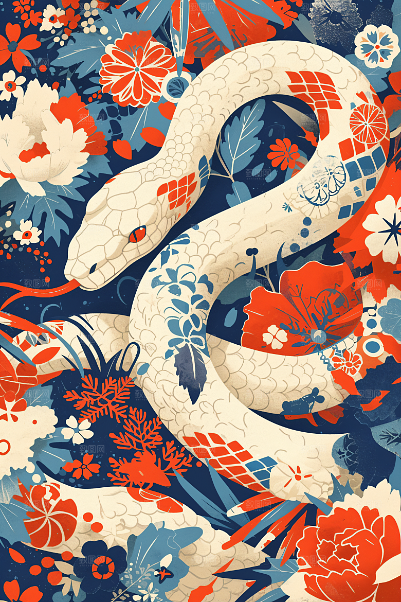 扁平风蛇年平面艺术插画
