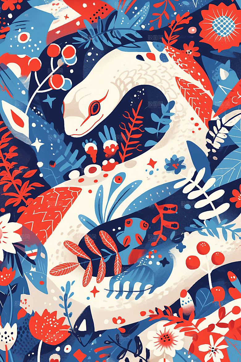 扁平风蛇年涂鸦色块插画