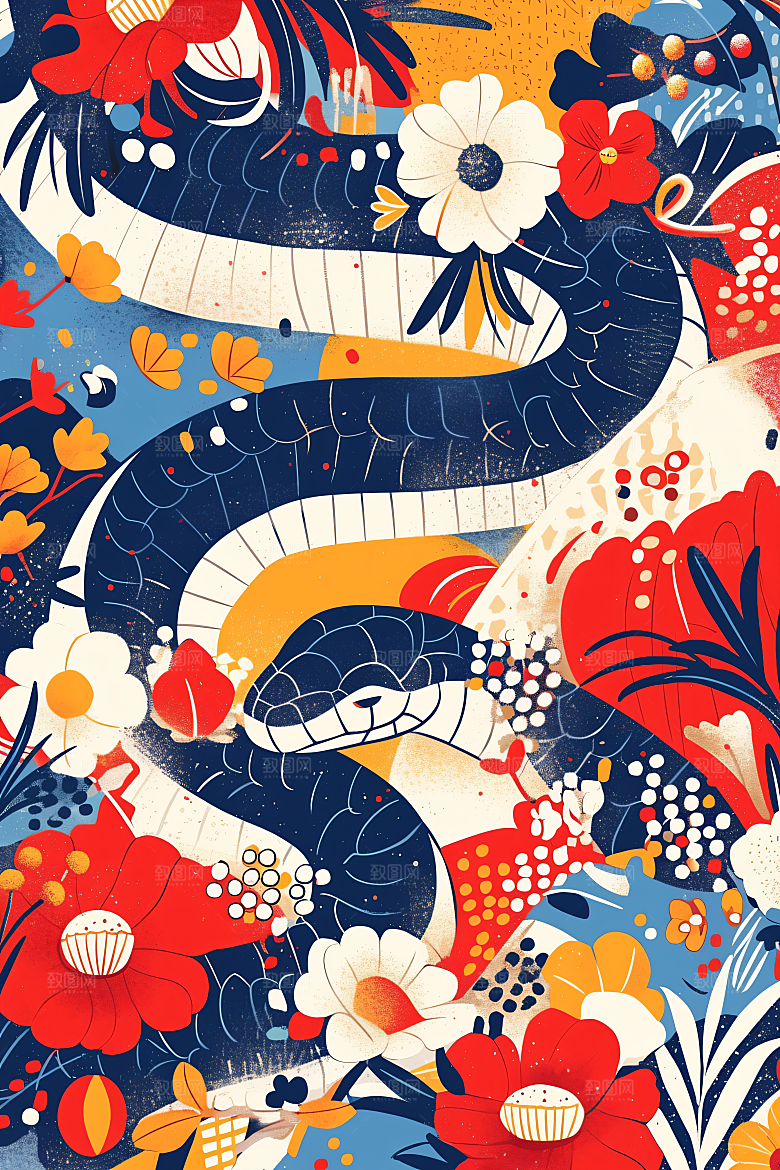 扁平风蛇年手绘涂鸦插画