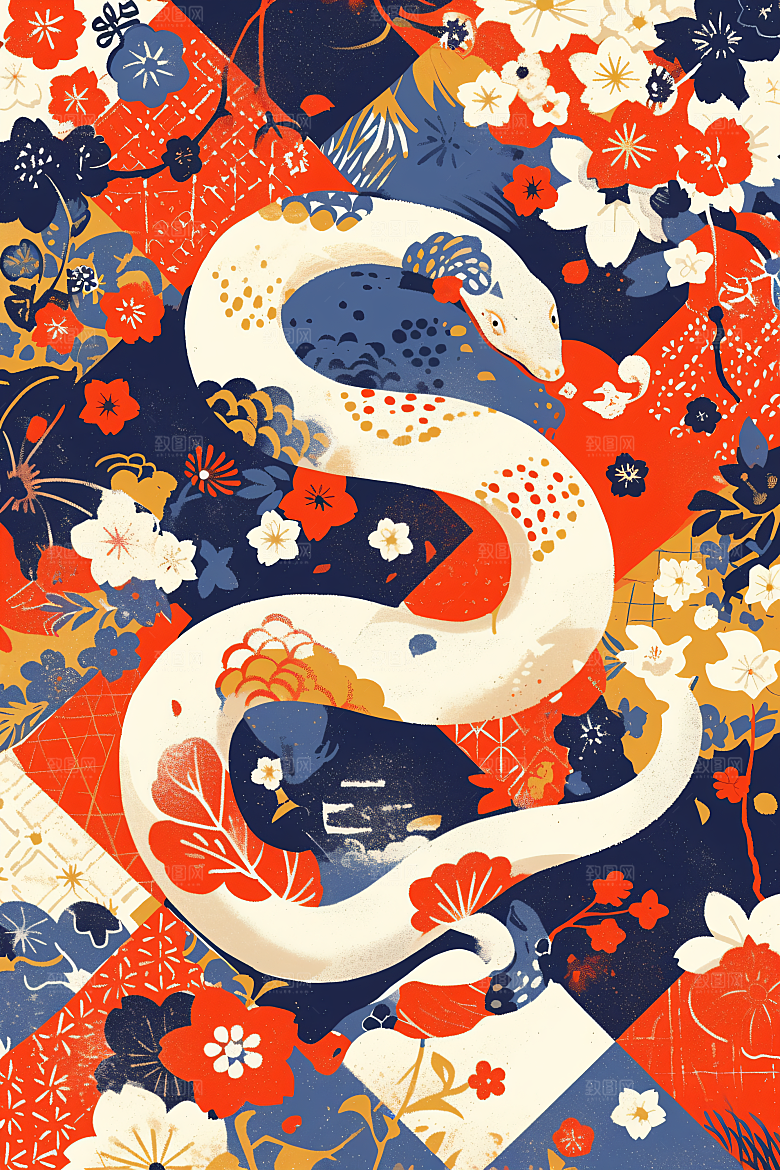 扁平风蛇年涂鸦撞色插画