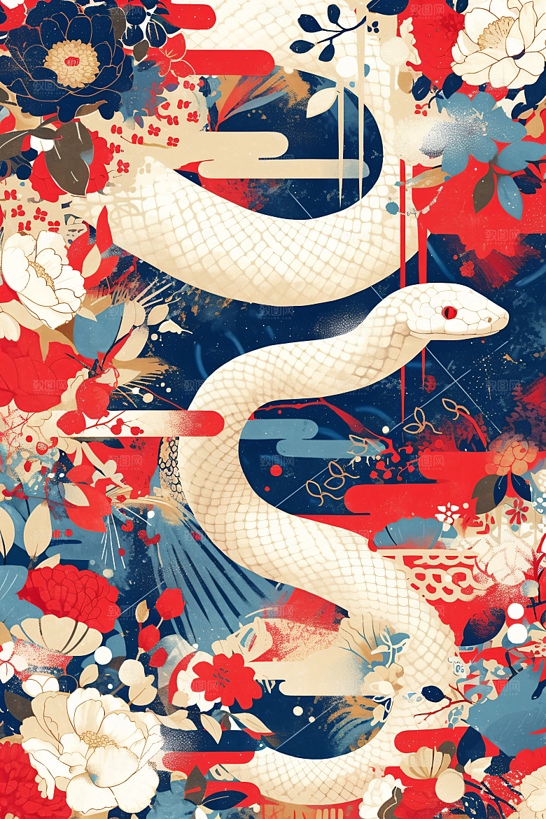 扁平风蛇年生态简约插画