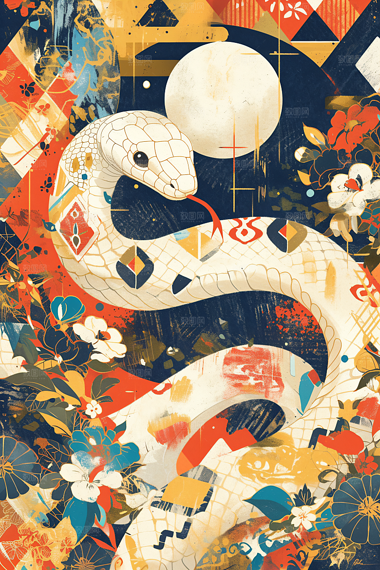 扁平风蛇年几何色块插画
