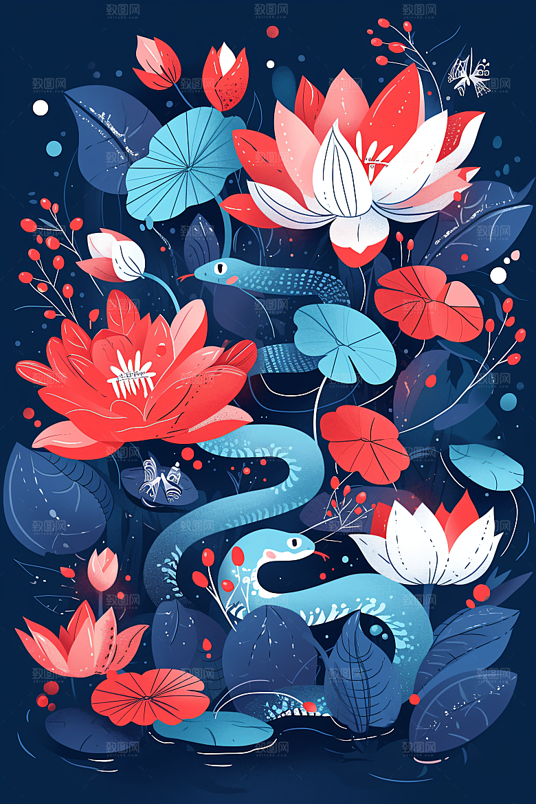 扁平风蛇年生态艺术插画