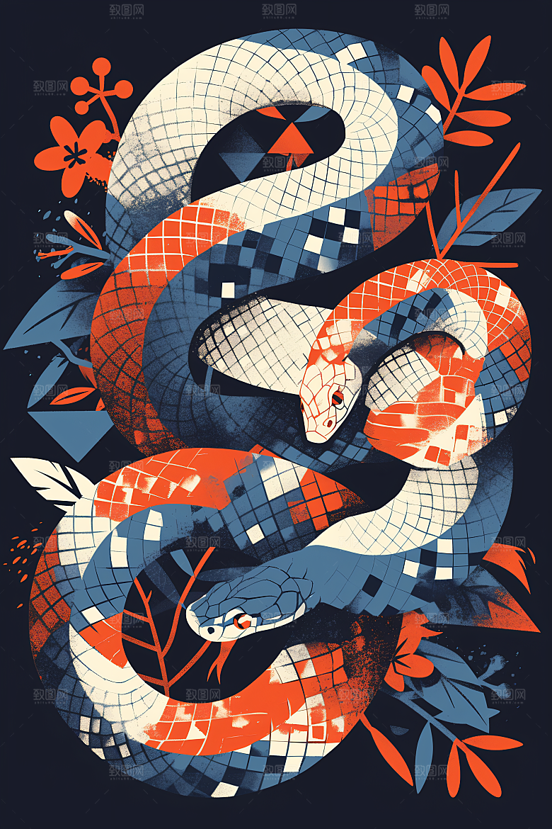 扁平风蛇年手绘彩色插画