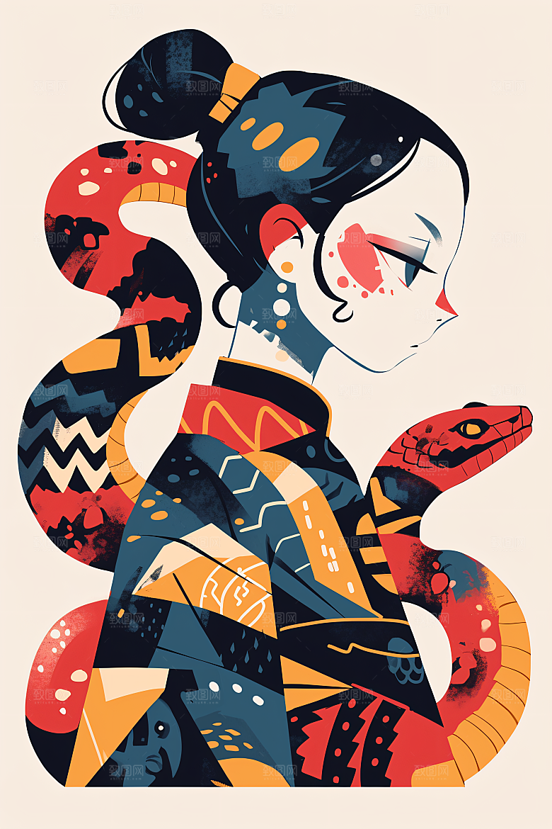 扁平风蛇年色块简约插画