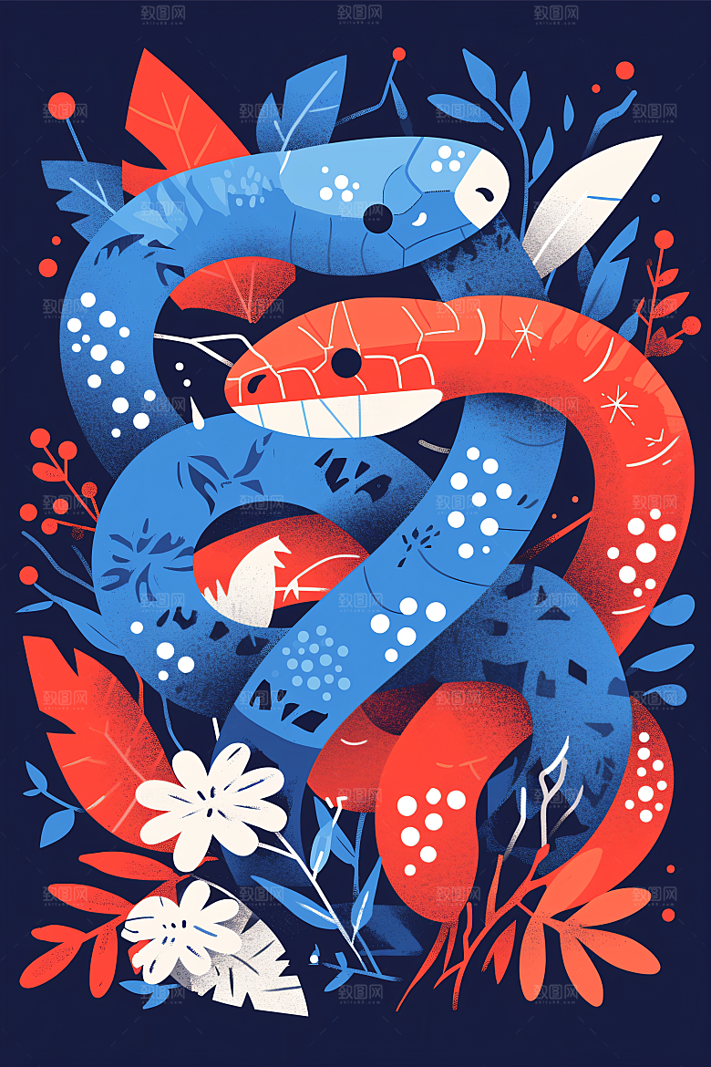 扁平风蛇年手绘彩色插画