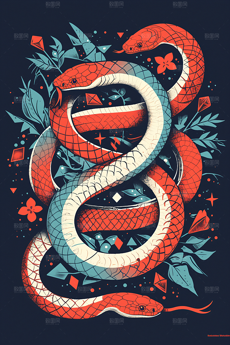 扁平风蛇年色块彩色插画