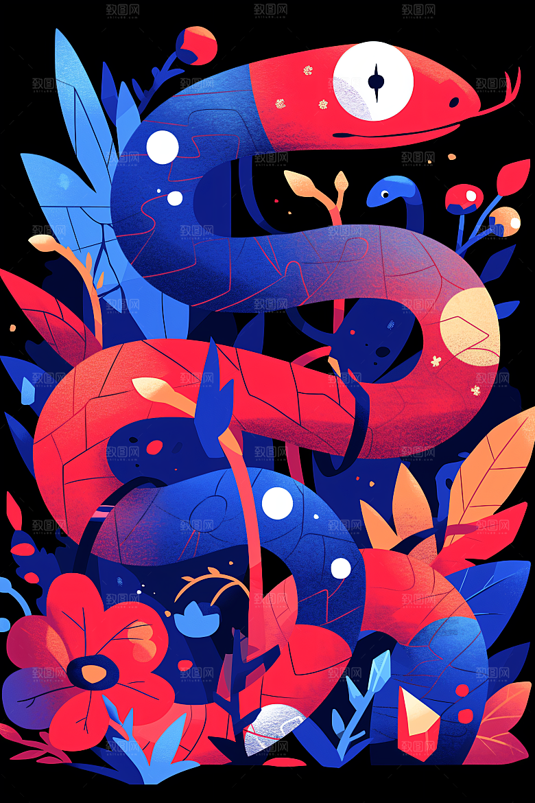 扁平风蛇年几何彩色插画