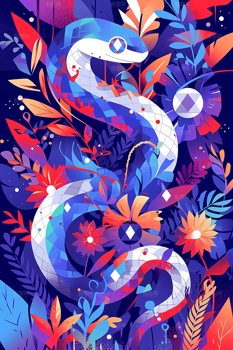 扁平风蛇年彩色平面插画