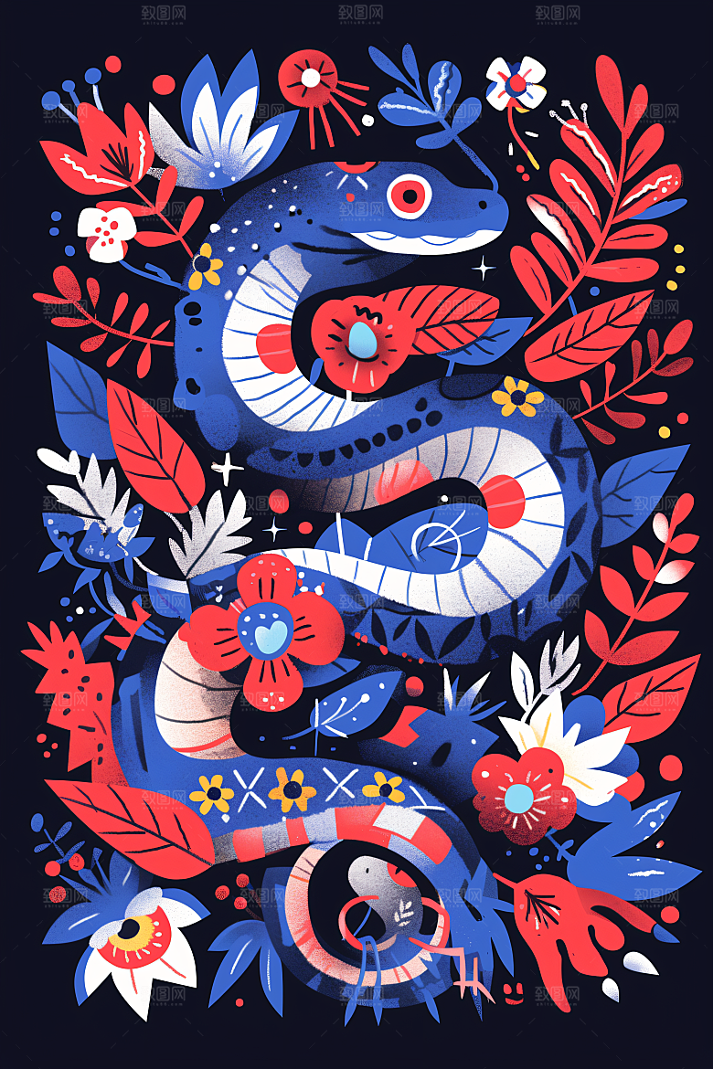 扁平风蛇年彩色艺术插画