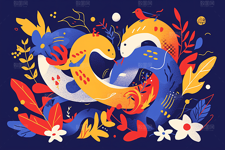 扁平风蛇年动物生态插画