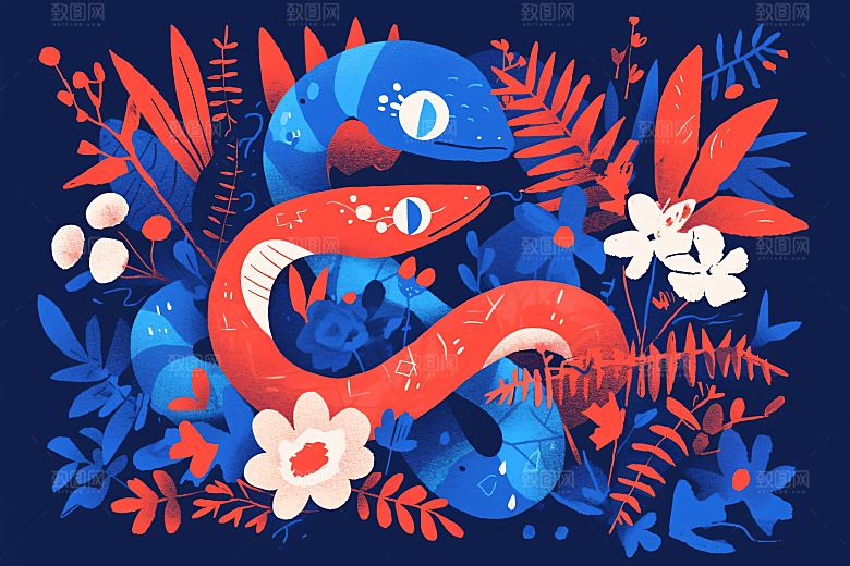 扁平风蛇年动物撞色插画
