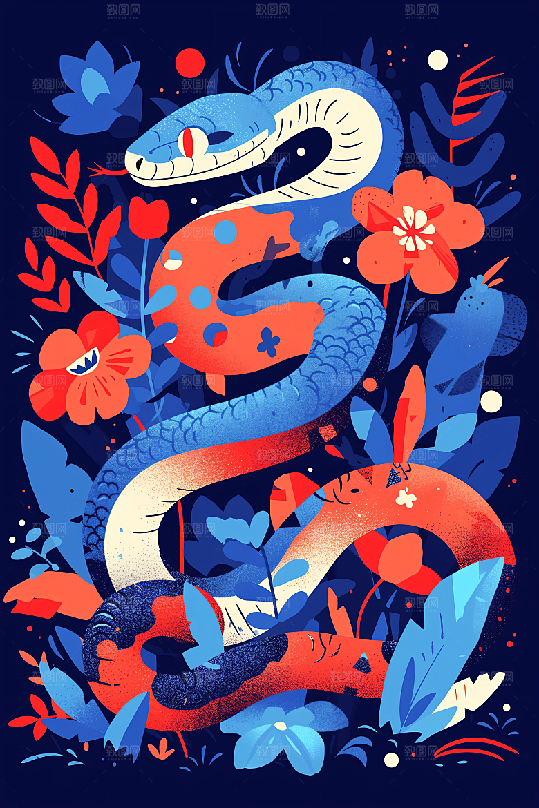 扁平风蛇年艺术手绘插画