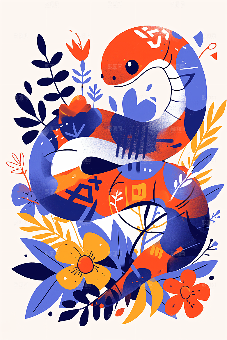 扁平风蛇年手绘色块插画