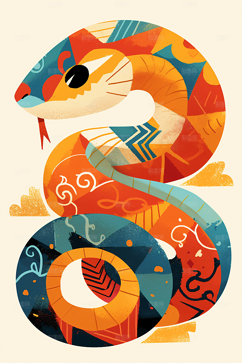 扁平风蛇年色块涂鸦插画