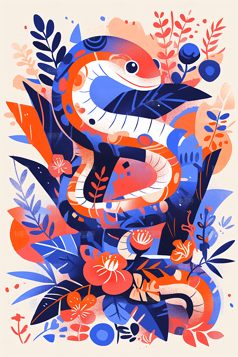 扁平风蛇年撞色平面插画