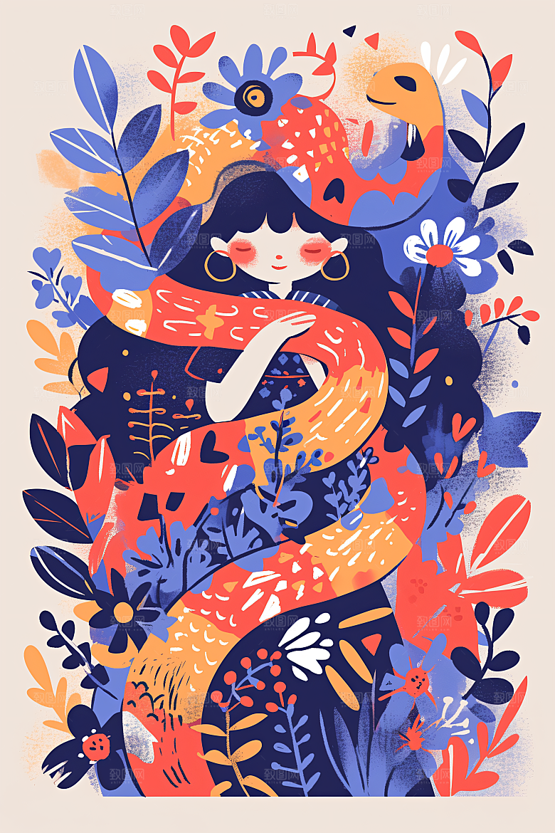 扁平风蛇年涂鸦手绘插画