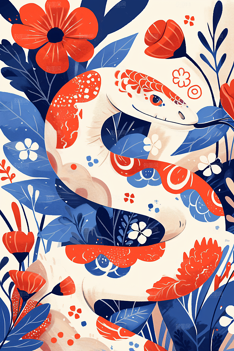 扁平风蛇年平面撞色插画