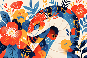 扁平风蛇年几何涂鸦插画
