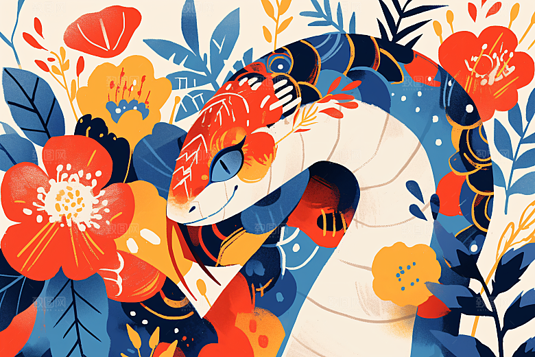扁平风蛇年几何涂鸦插画
